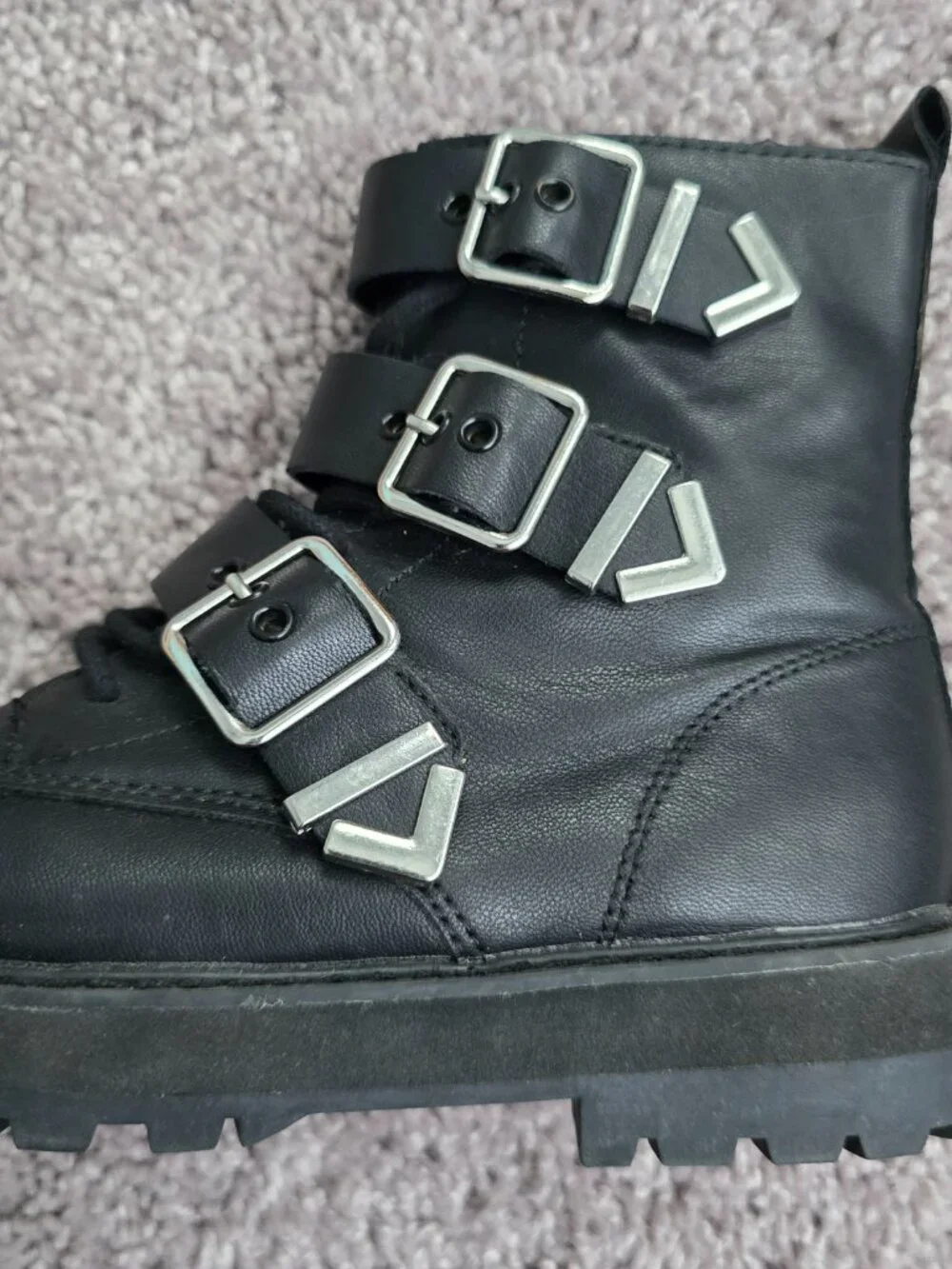 Zara Black Triple Buckle Combat Boots Faux Leather Moto Punk Goth Side Zip 34